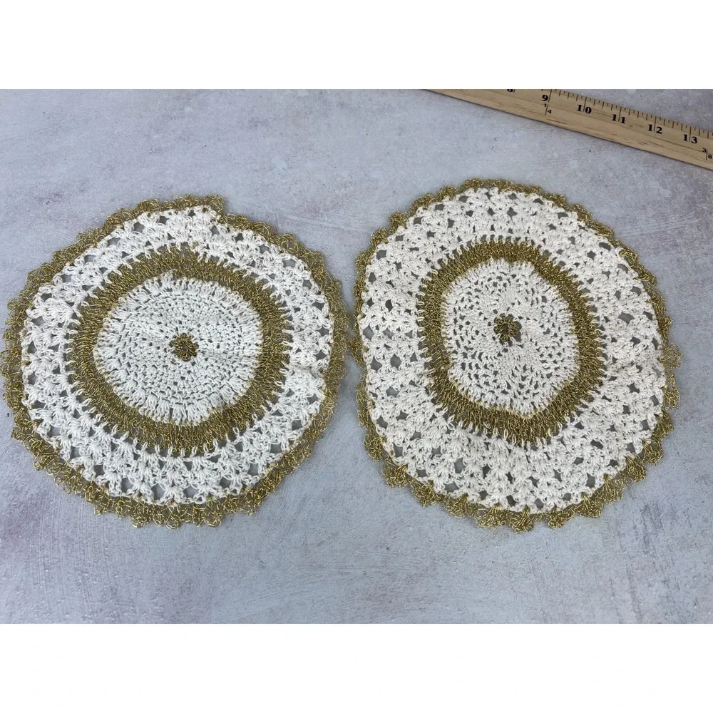 Vintage White & Gold Wire Handmade Round‎ Crochet Dining Table Doily - Lot of 2